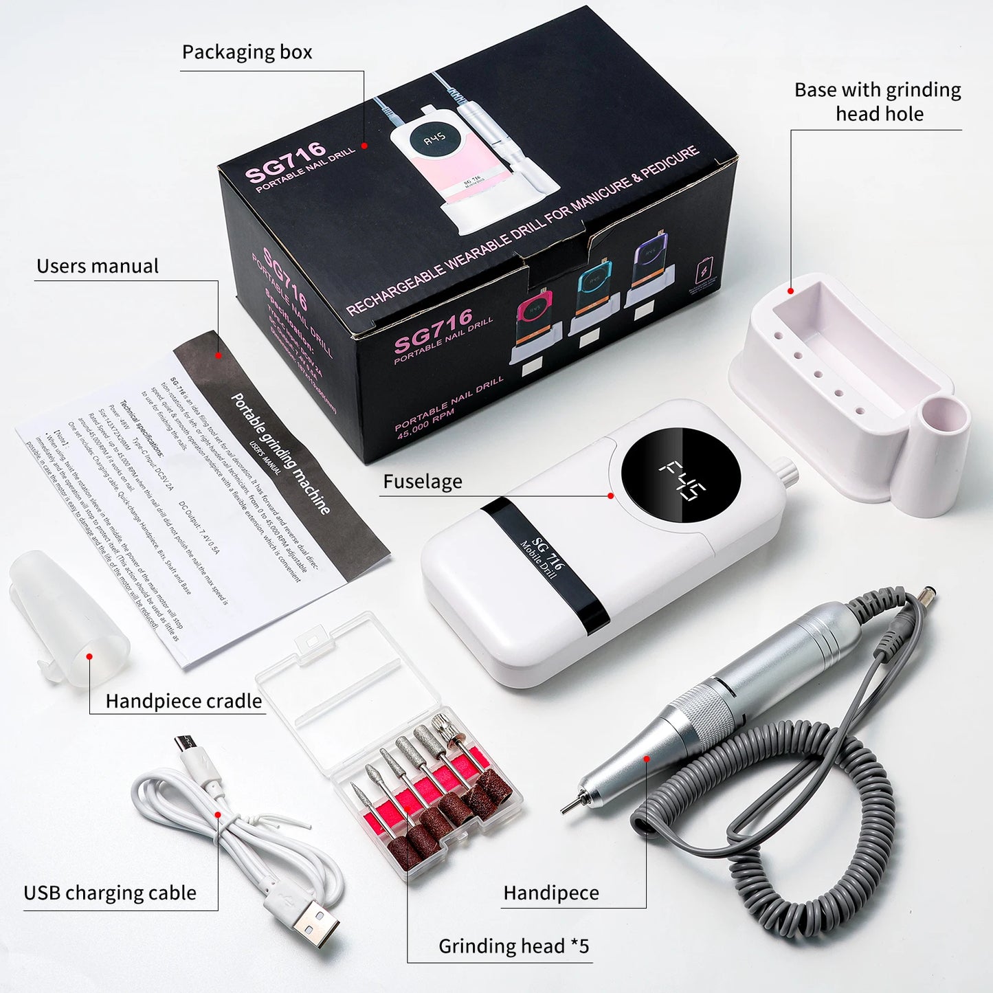 45000rpm Nail Drill Professional Machine (Low Noise)